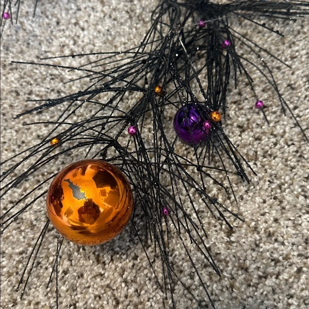 Happy Halloween 🎃 Sparkly Black Garland w/Orange & Purple Balls, Approx 53”L